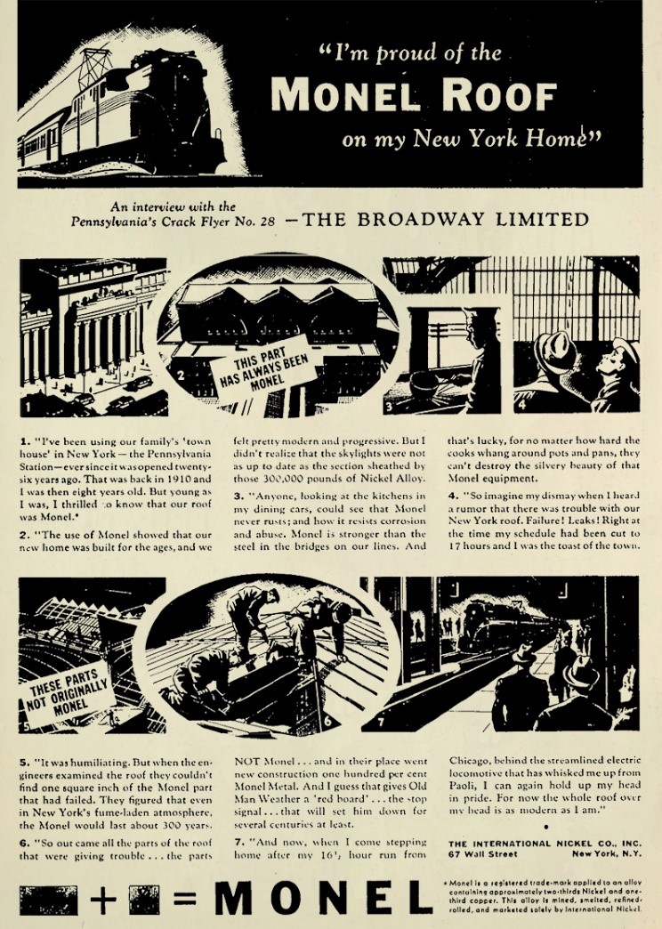 Fig. 4 An advertisement from the mid-1930s for the Monel roof at Penn Station, New York City in in The Nation’s Business, INCO, March, 1937.