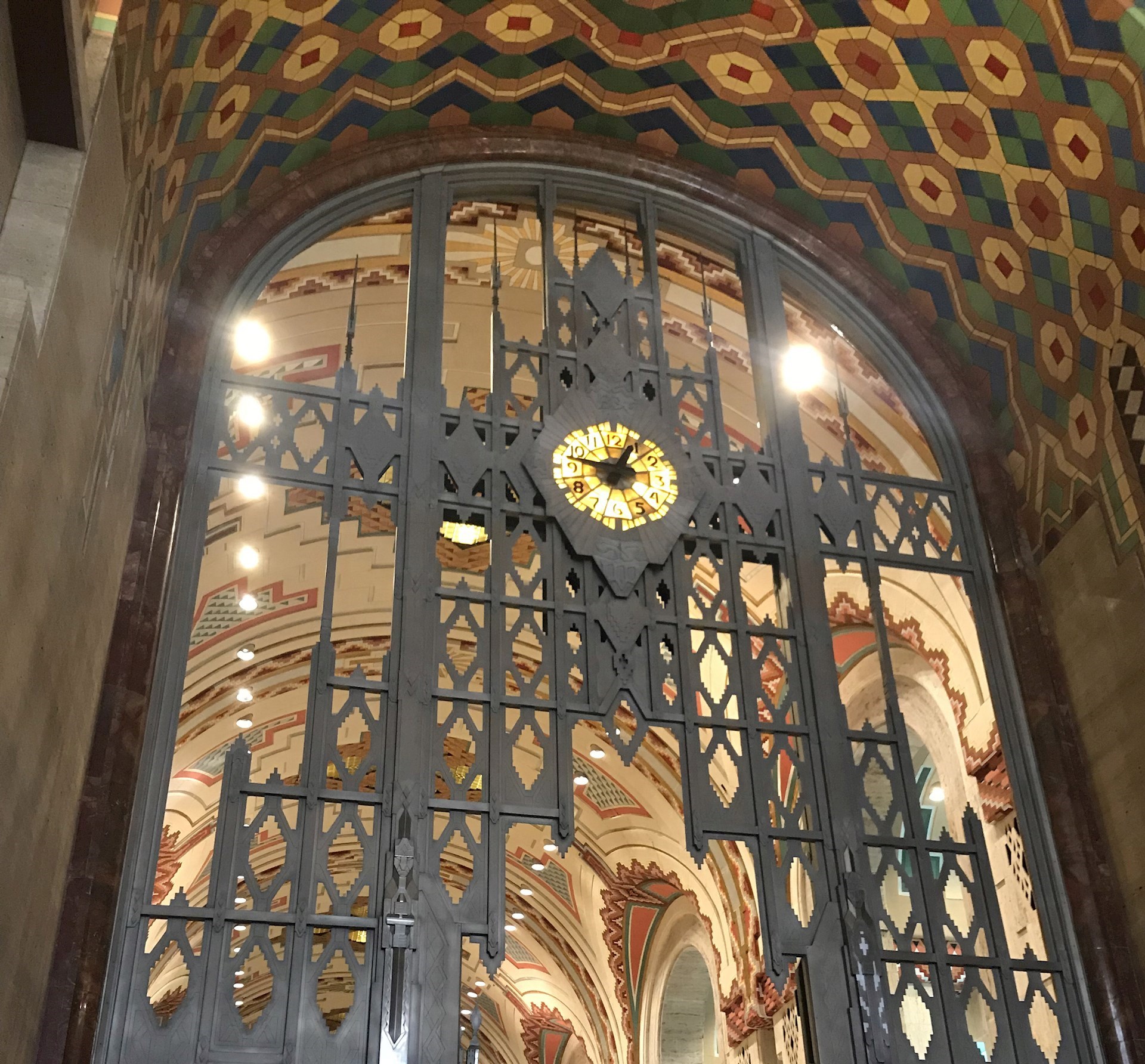 Monel alloy gate and Tiffany clock inside the Guardian Building, Detroit, Michigan